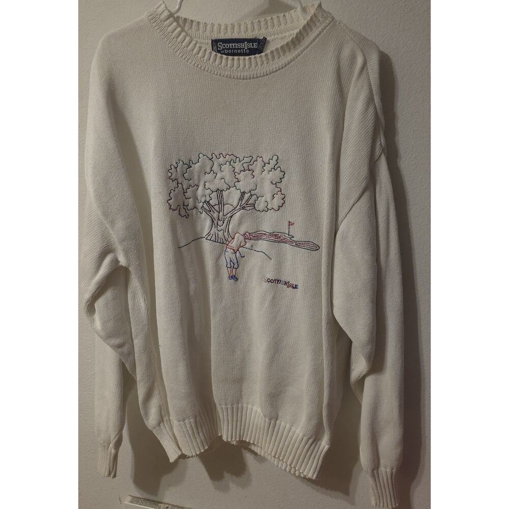 Bernette Scottish Isle Mens XL Golf Themed White Cotton Crew Neck Preppy Classic